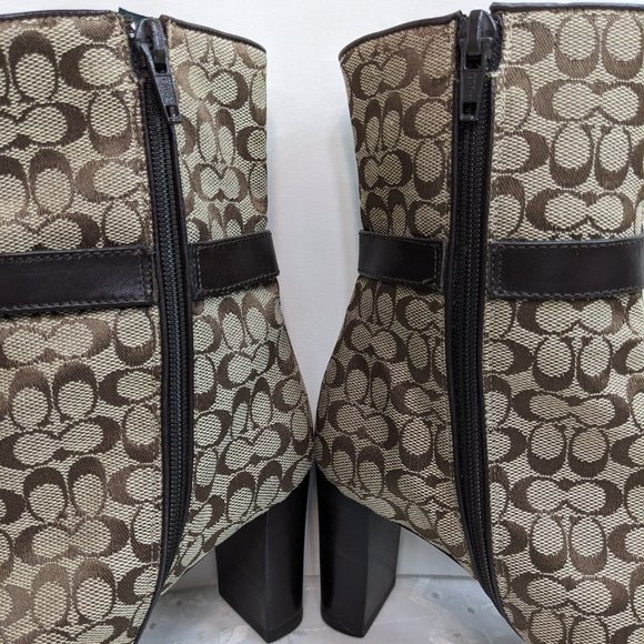 Coach Khaki & Brown Jacquard Signature Logo Bibi Mid Calf Boots - size 5.5M NWT
